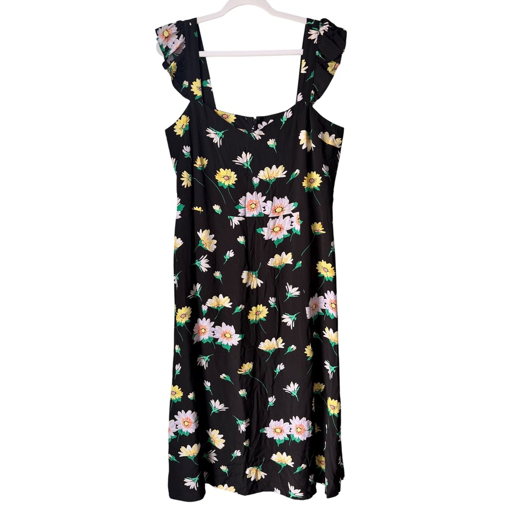 Loft Floral Midi Dress Black Pink Yellow Ruffle Strap Sleeveless 100% Cotton 14